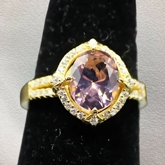 Pigeon Egg Morganite Ring 925 Sterling Silver Synthetic 18k Yellow Gold/Pink 8 - Picture 2 of 8